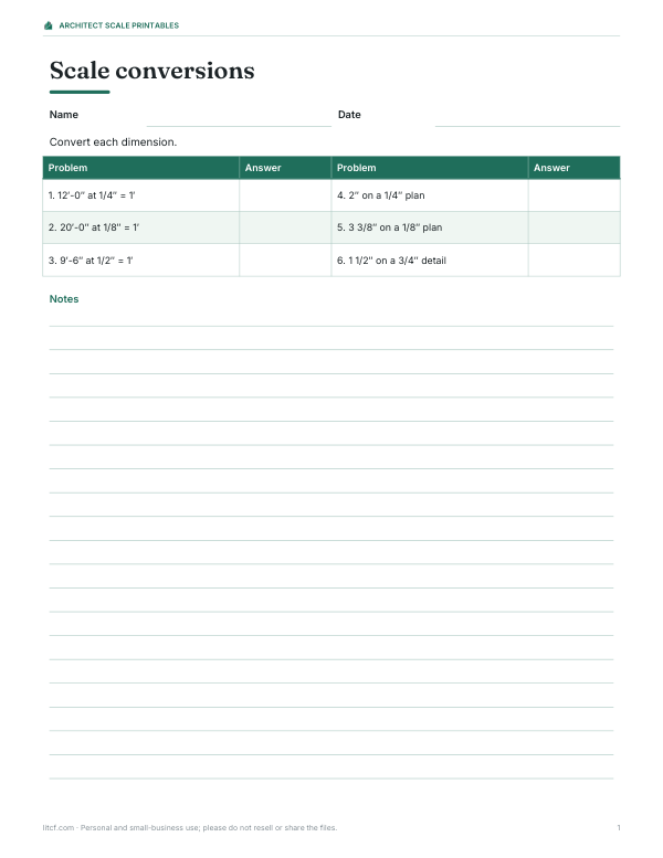 Preview of Printable Architect Scale Worksheet